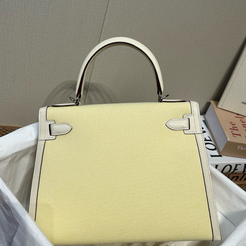 🔥Hermes 愛馬仕 Kelly28 奶油白拼小雞黃帆布拼s皮銀扣 z刻  閒置新 全套附件🆕正品❤️-1