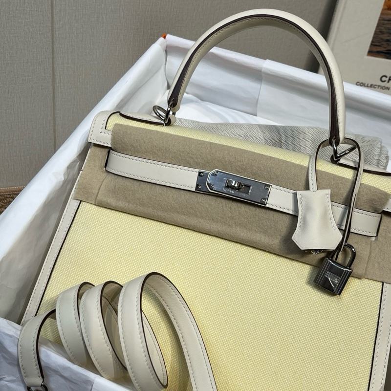 🔥Hermes 愛馬仕 Kelly28 奶油白拼小雞黃帆布拼s皮銀扣 z刻  閒置新 全套附件🆕正品❤️-3