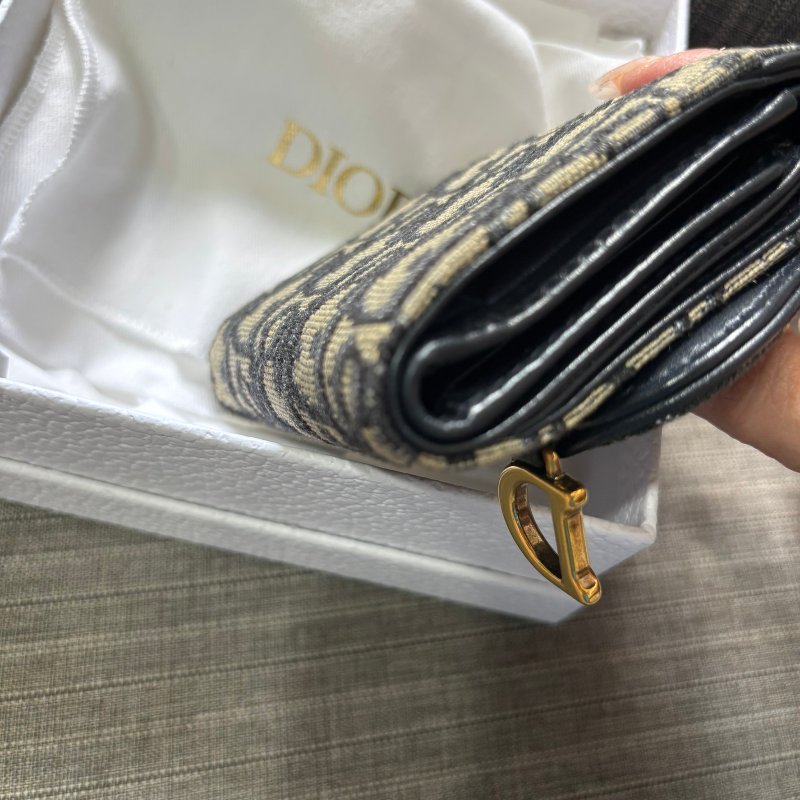 正品Christian Dior緹花布小牛皮內襯D墜飾摺疊三折短夾-5