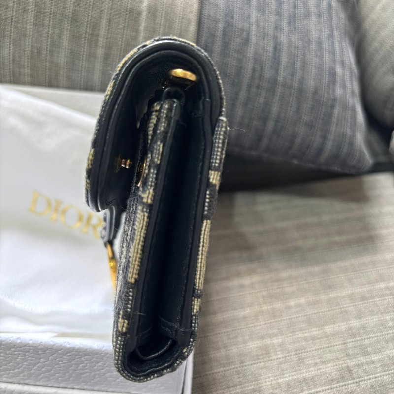 正品Christian Dior緹花布小牛皮內襯D墜飾摺疊三折短夾-9