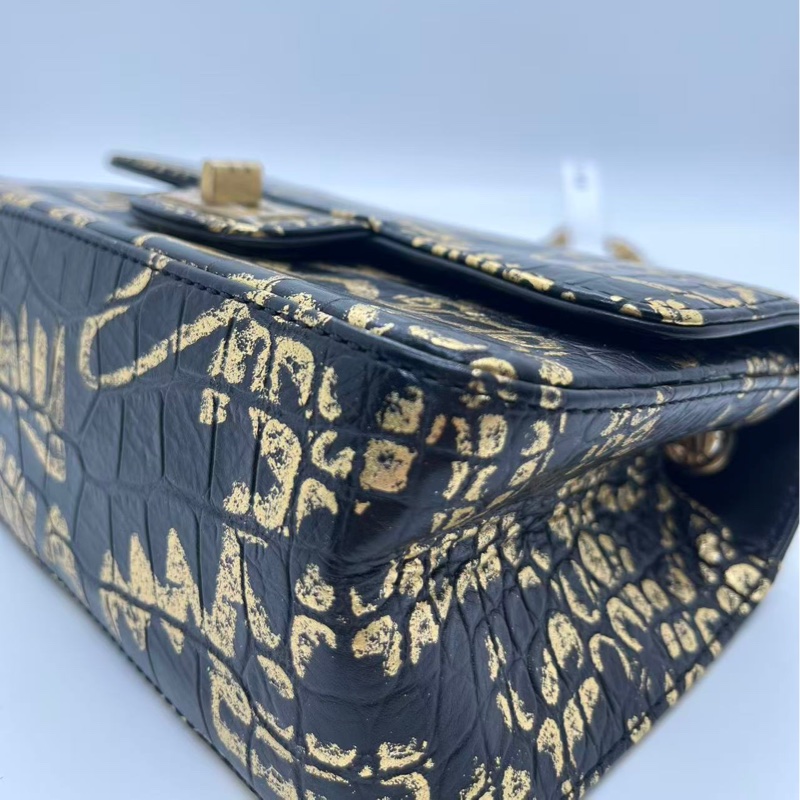 CHANEL香奈兒 2.55 絕版埃及系列,黑金鰐魚壓紋超級塗鴉燙金-9