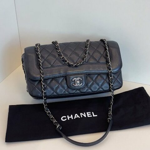香奈兒/Chanel 黑銀限定牛皮 綁帶CF法棍鏈條包