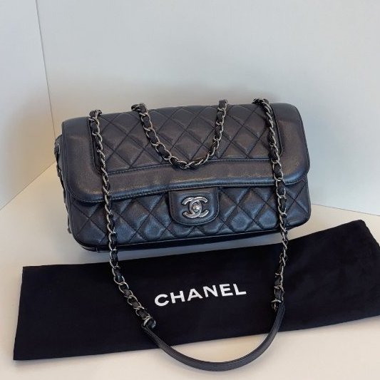 香奈兒/Chanel 黑銀限定牛皮 綁帶CF法棍鏈條包-0
