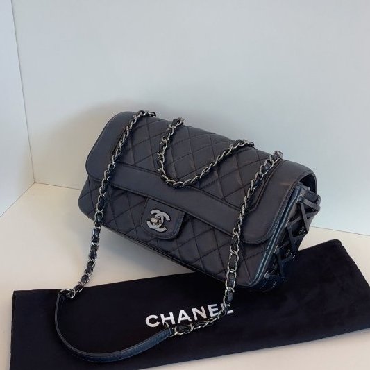 香奈兒/Chanel 黑銀限定牛皮 綁帶CF法棍鏈條包-3