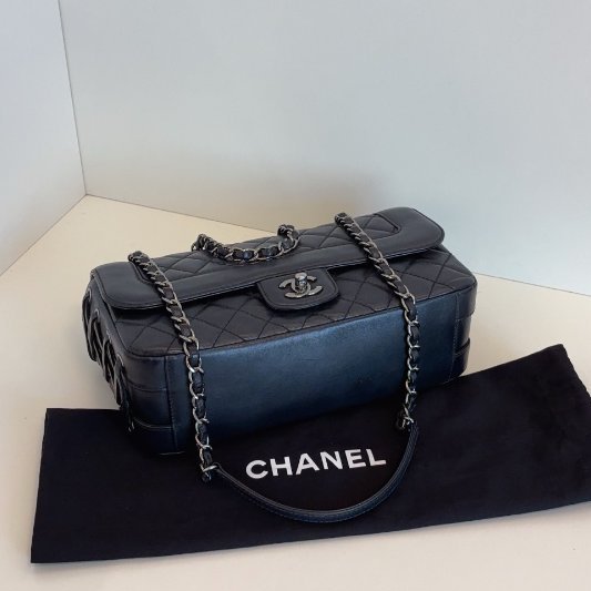 香奈兒/Chanel 黑銀限定牛皮 綁帶CF法棍鏈條包-4
