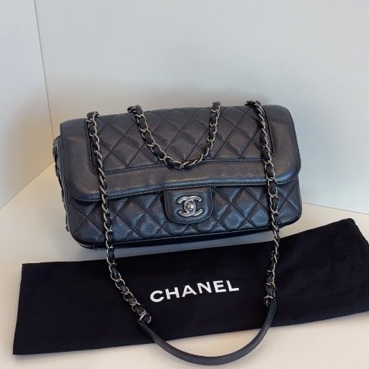 香奈兒/Chanel 黑銀限定牛皮 綁帶CF法棍鏈條包-5