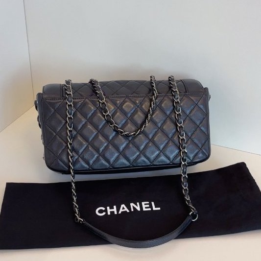 香奈兒/Chanel 黑銀限定牛皮 綁帶CF法棍鏈條包-6
