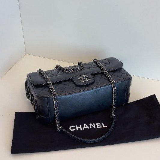 香奈兒/Chanel 黑銀限定牛皮 綁帶CF法棍鏈條包-7