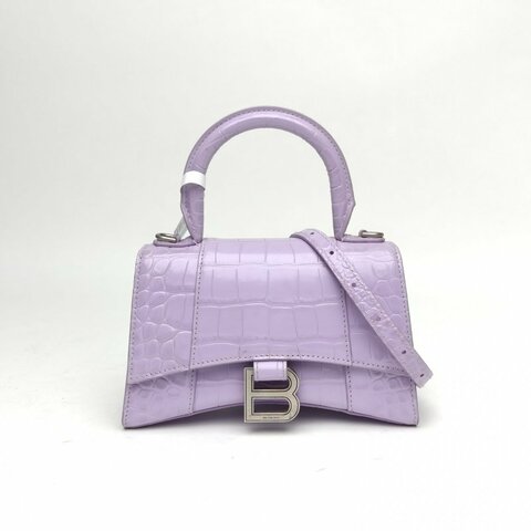 BALENCIAGA Hourglass沙漏XS碼鱷魚壓紋紫色牛皮肩背包