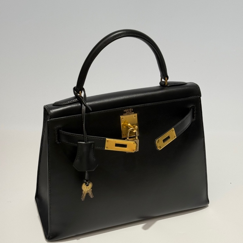 Hermès 愛馬仕 Kelly 28 黑金 Box 皮 圈 Q 刻 有鎖具 狀態良好-1