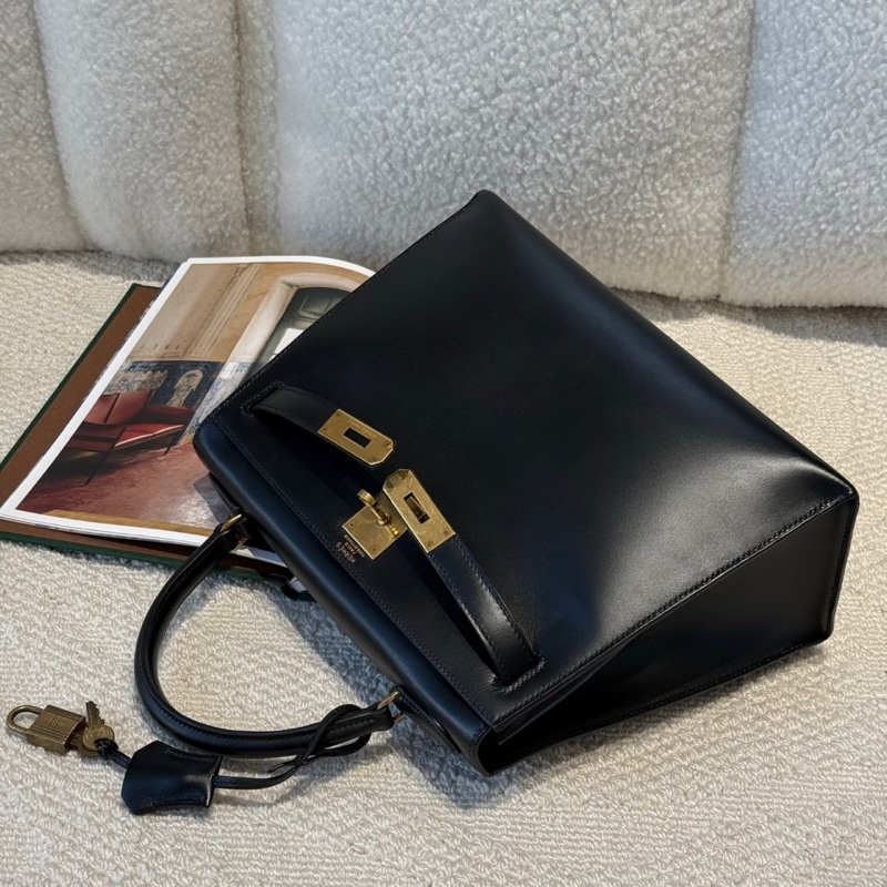 Hermès 愛馬仕 Kelly 28 黑金 Box 皮 圈 Q 刻 有鎖具 狀態良好-2