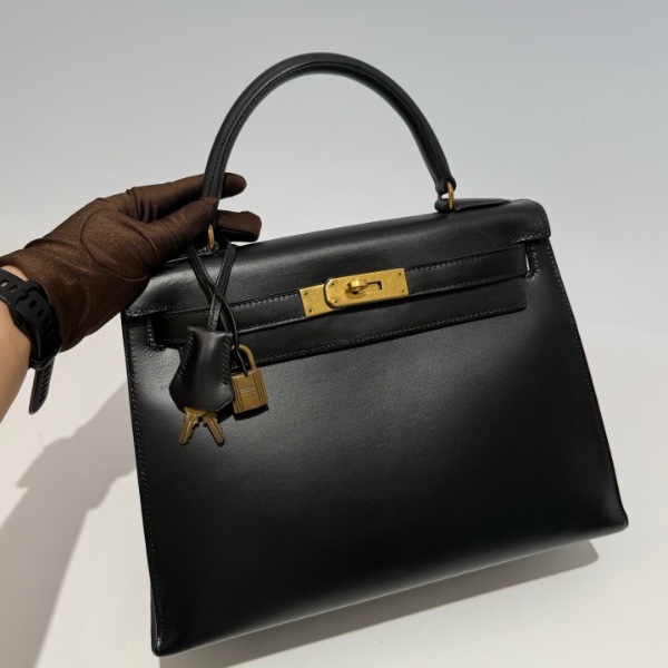 Hermès 愛馬仕 Kelly 28 黑金 Box 皮 圈 Q 刻 有鎖具 狀態良好-3
