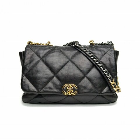CHANEL 19BAG口蓋包Maxi黑色羊皮29開金銀扣肩背包