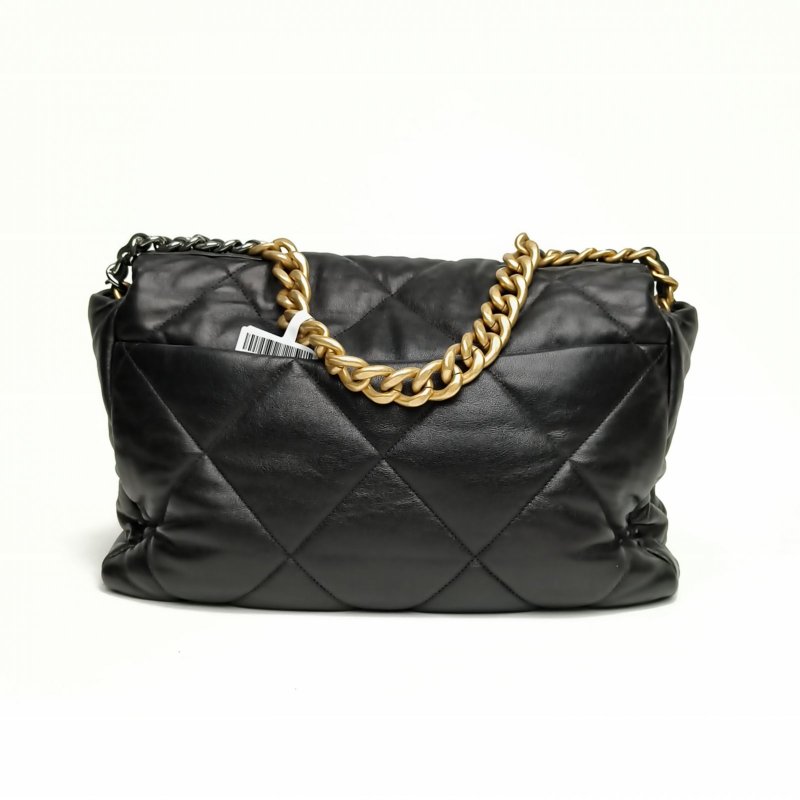 CHANEL 19BAG口蓋包Maxi黑色羊皮29開金銀扣肩背包-2