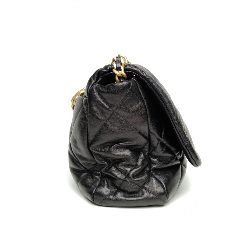 CHANEL 19BAG口蓋包Maxi黑色羊皮29開金銀扣肩背包-3