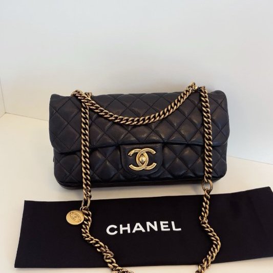 香奈兒/Chanel 黑金牛皮小號金幣CF鏈條包-5