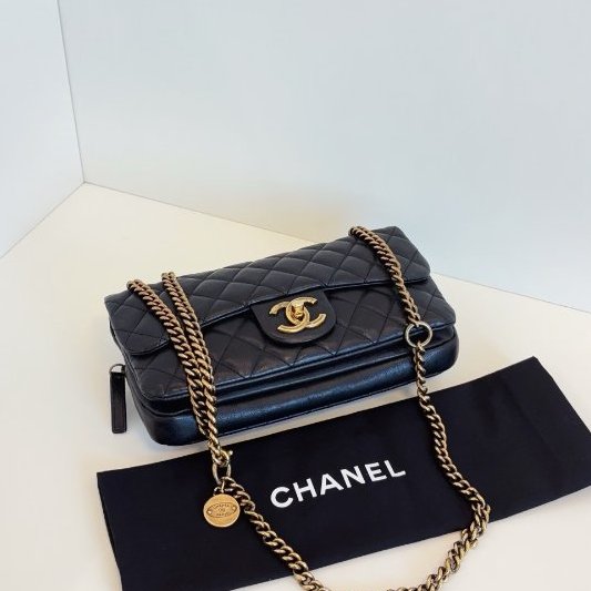 香奈兒/Chanel 黑金牛皮小號金幣CF鏈條包-7