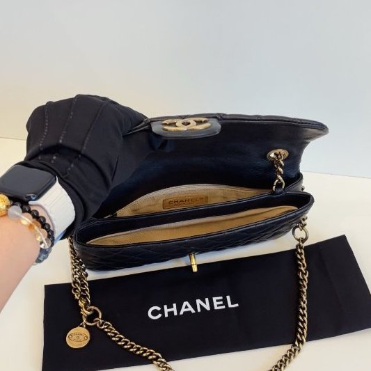 香奈兒/Chanel 黑金牛皮小號金幣CF鏈條包-8