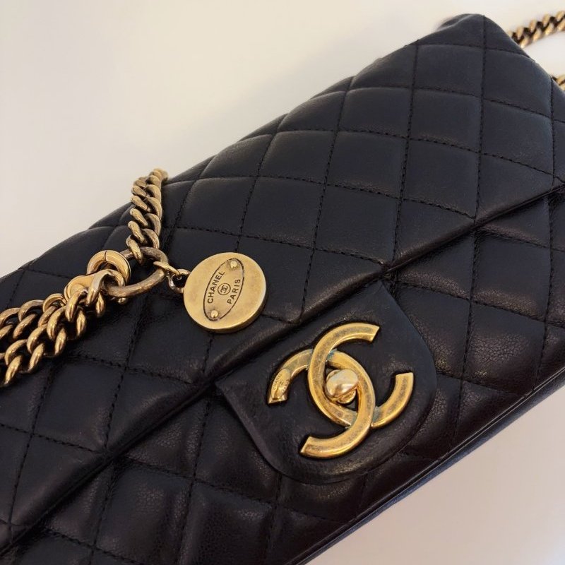 香奈兒/Chanel 黑金牛皮小號金幣CF鏈條包-9