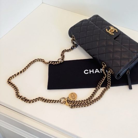 香奈兒/Chanel 黑金牛皮小號金幣CF鏈條包-10