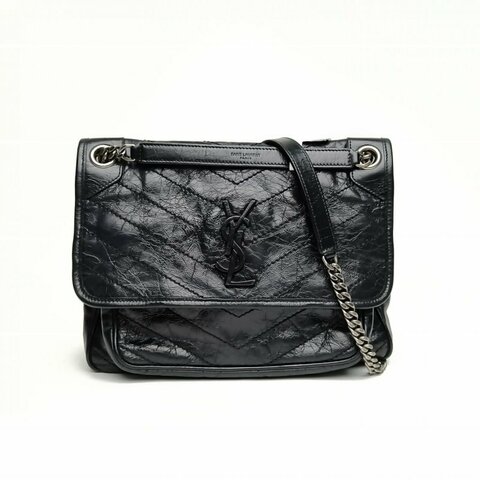SAINT LAURENT Niki中號28D扣黑色牛皮銀扣肩背包