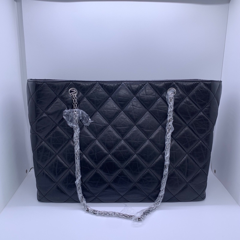Chanel香奈兒 中古2.55 機場包 托特包鏈條單肩包 黑銀配色 牛皮 鐳射14開-1