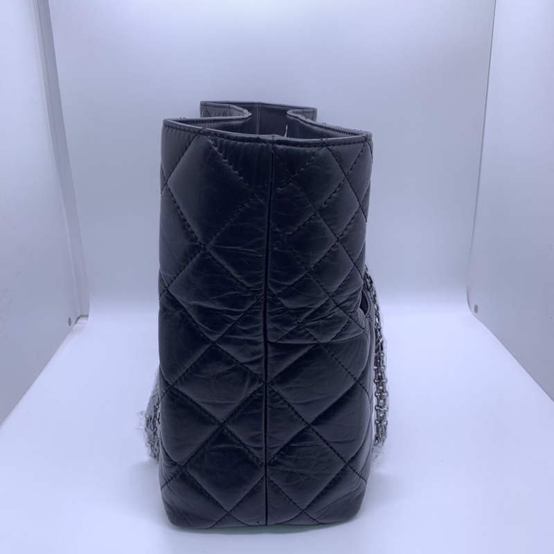 Chanel香奈兒 中古2.55 機場包 托特包鏈條單肩包 黑銀配色 牛皮 鐳射14開-2