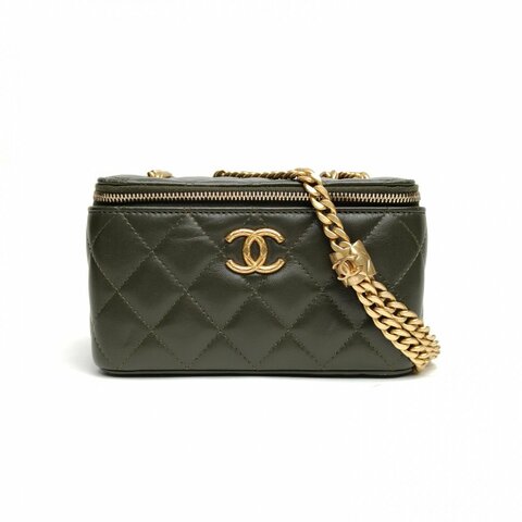 CHANEL 22K長盒子化妝包綠色羊皮鐳射標鳳梨扣金柱調節扣肩背包