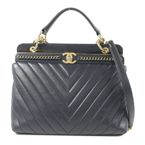 CHANEL 牛皮皮革Chevron V Stitch鏈帶手挽肩背兩用袋