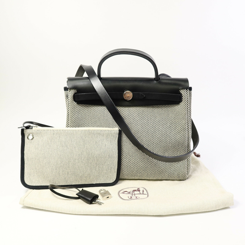 HERMES Toile H帆布Herbag PM手挽肩背兩用袋Ecru/Noir-10