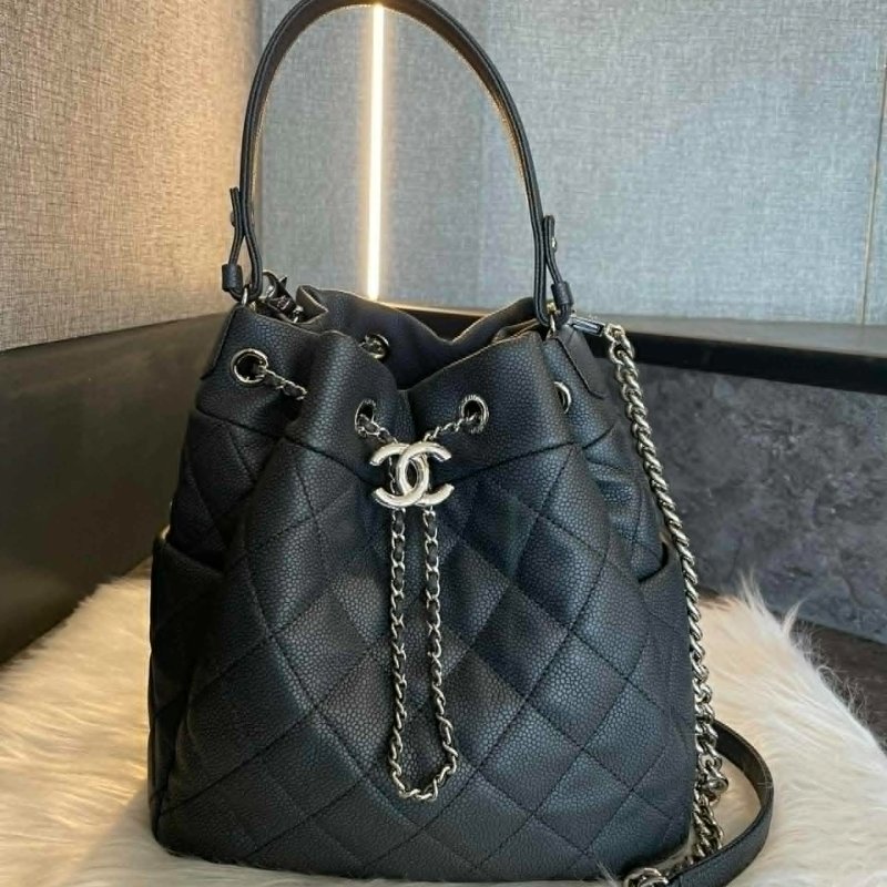 CHANEL 牛皮水桶包兩用包 銀釦 鐵灰色-0