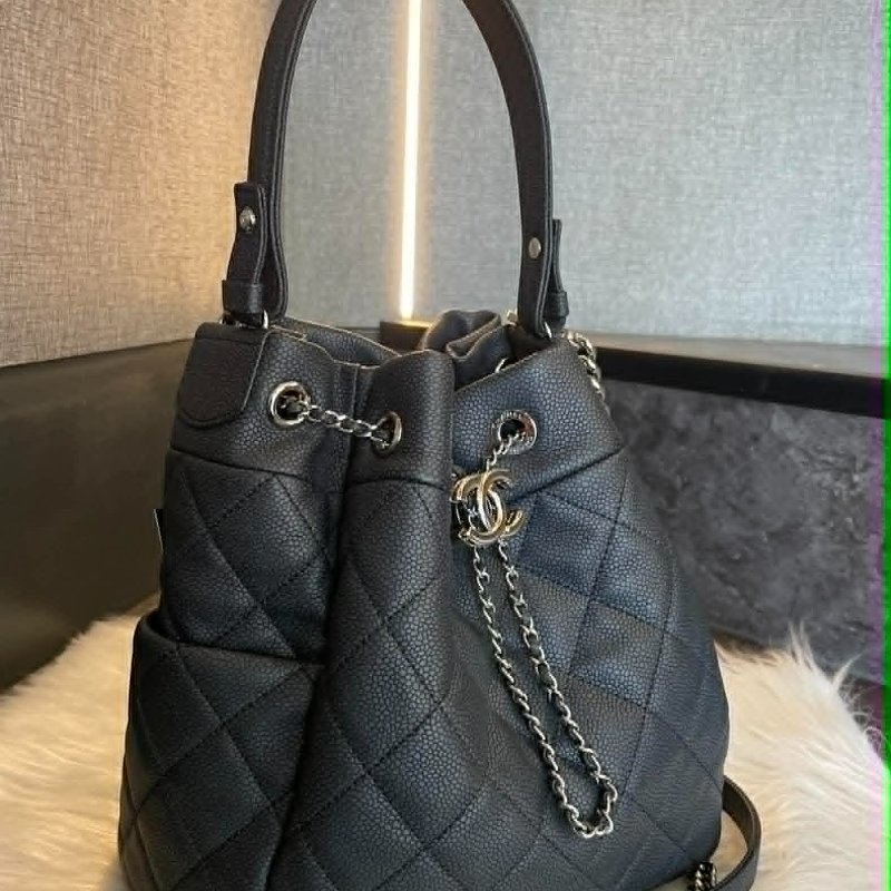 CHANEL 牛皮水桶包兩用包 銀釦 鐵灰色-1