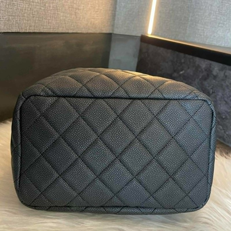 CHANEL 牛皮水桶包兩用包 銀釦 鐵灰色-3