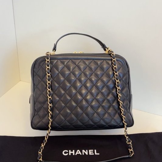 香奈兒/Chanel 黑金荔枝牛皮手提大盒子 化粧包-1