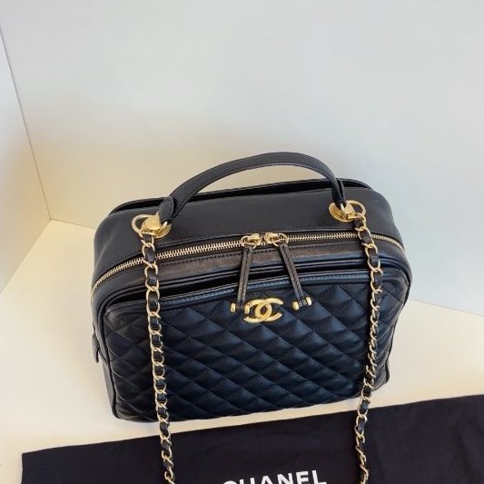 香奈兒/Chanel 黑金荔枝牛皮手提大盒子 化粧包-4