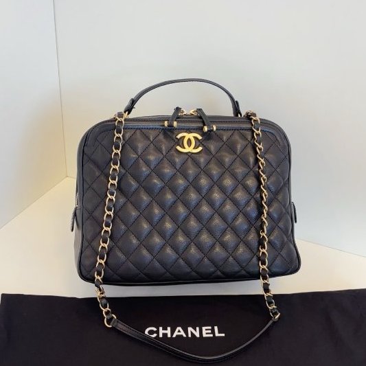 香奈兒/Chanel 黑金荔枝牛皮手提大盒子 化粧包-5