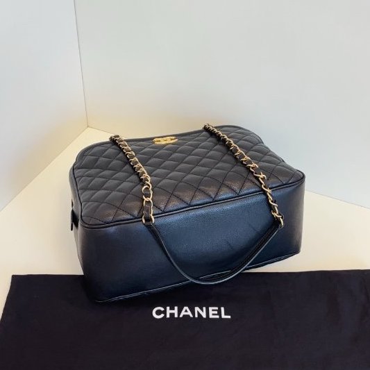 香奈兒/Chanel 黑金荔枝牛皮手提大盒子 化粧包-7