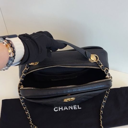 香奈兒/Chanel 黑金荔枝牛皮手提大盒子 化粧包-8