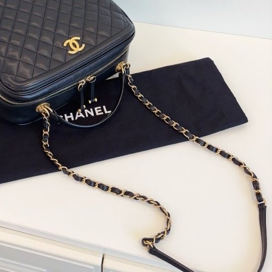 香奈兒/Chanel 黑金荔枝牛皮手提大盒子 化粧包-9