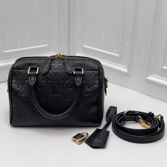 芯片款 路易威登/Louis Vuitton Speedy 20 黑色壓紋牛皮枕頭包-0