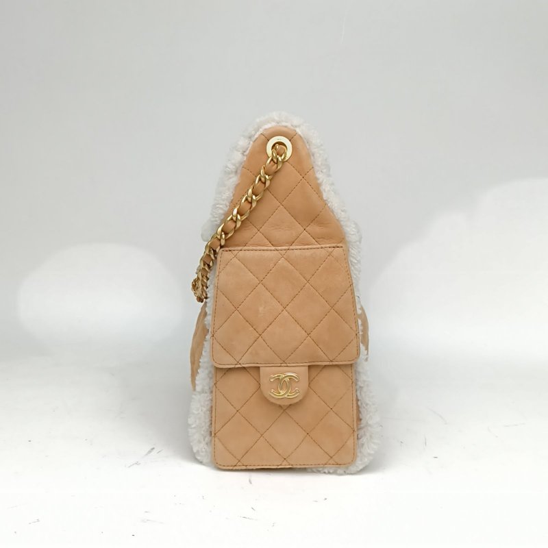 CHANEL 25BAG腋下單肩包小號卡其色晶片泰迪熊毛絨包肩背包-1