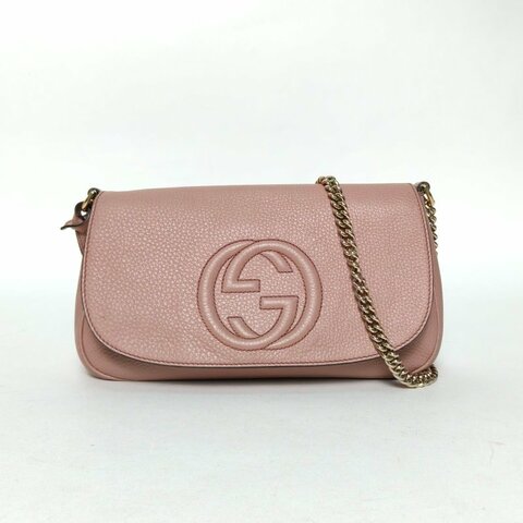 GUCCI 粉色牛皮淺金扣Soho流蘇翻蓋鏈條包肩背包