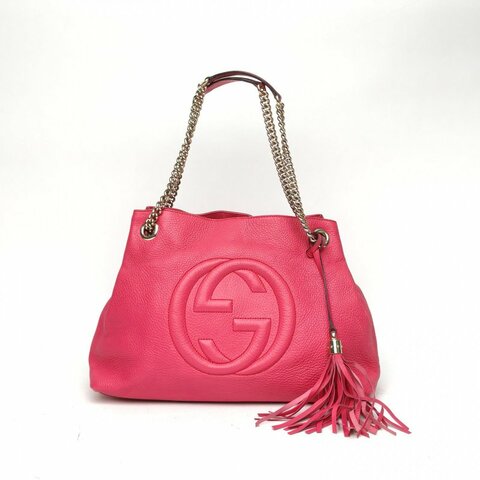GUCCI 玫紅牛皮銀扣soho流蘇鏈條包肩背包