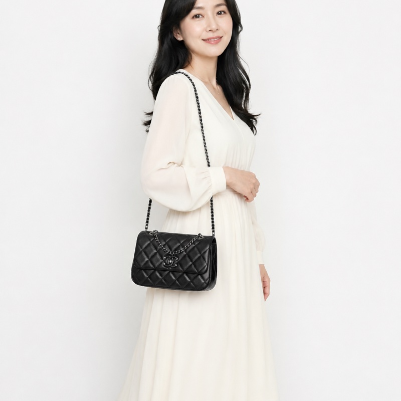 Chanel 雙 C 絎縫皮革翻蓋鏈條把手鏈帶手提包肩背包 A98549-1