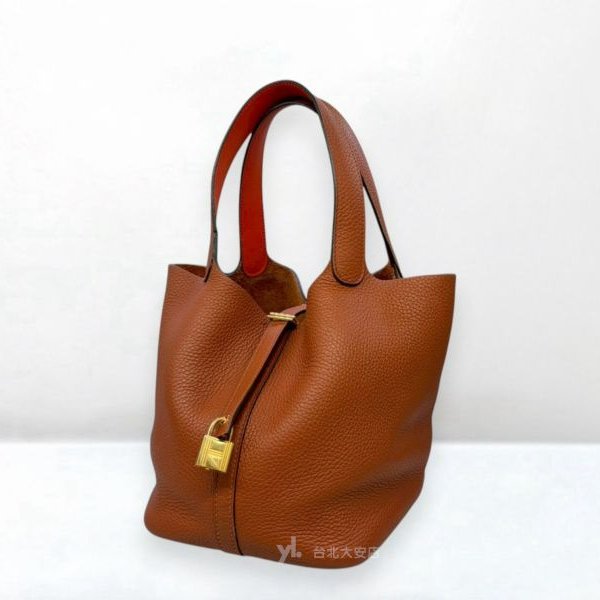 A13201-HERMES Picotin Lock 22磚紅拚橘金釦菜籃子-2