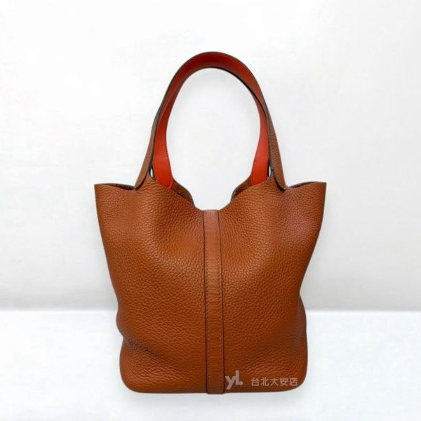 A13201-HERMES Picotin Lock 22磚紅拚橘金釦菜籃子-3