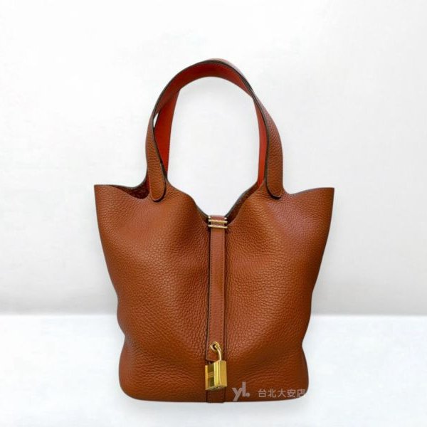 A13201-HERMES Picotin Lock 22磚紅拚橘金釦菜籃子-0
