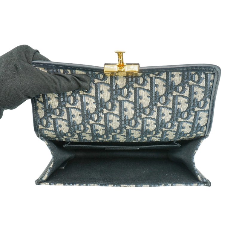 Dior 30 Montaigne East West 緹花布金釦斜背包(藍)-4
