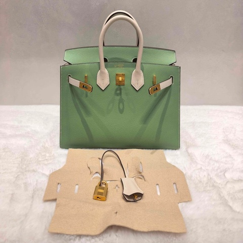 🔥（全新）Hermes 愛馬仕 birkin25 bk25 牛油果綠拼奶油白金扣  馬蹄印  k刻 附件：毛昝，鑰匙和鎖。❤️正品保障