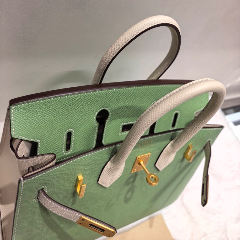 🔥（全新）Hermes 愛馬仕 birkin25 bk25 牛油果綠拼奶油白金扣  馬蹄印  k刻 附件：毛昝，鑰匙和鎖。❤️正品保障-4